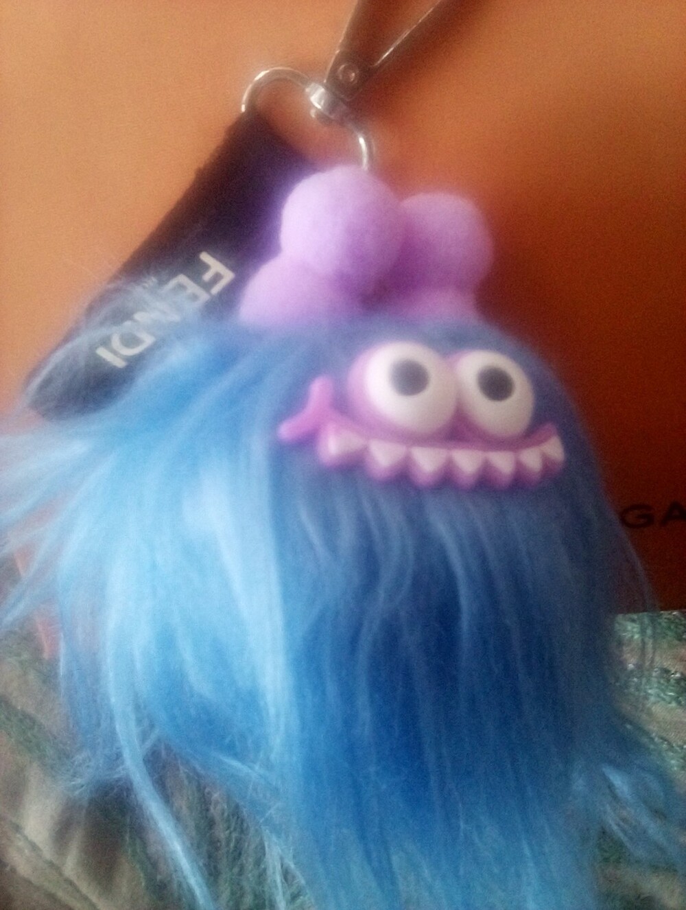 Fendi Ribbon Blue Monster Fur Bag Charm Keychain Designer Accessory - Picture 6 of 9